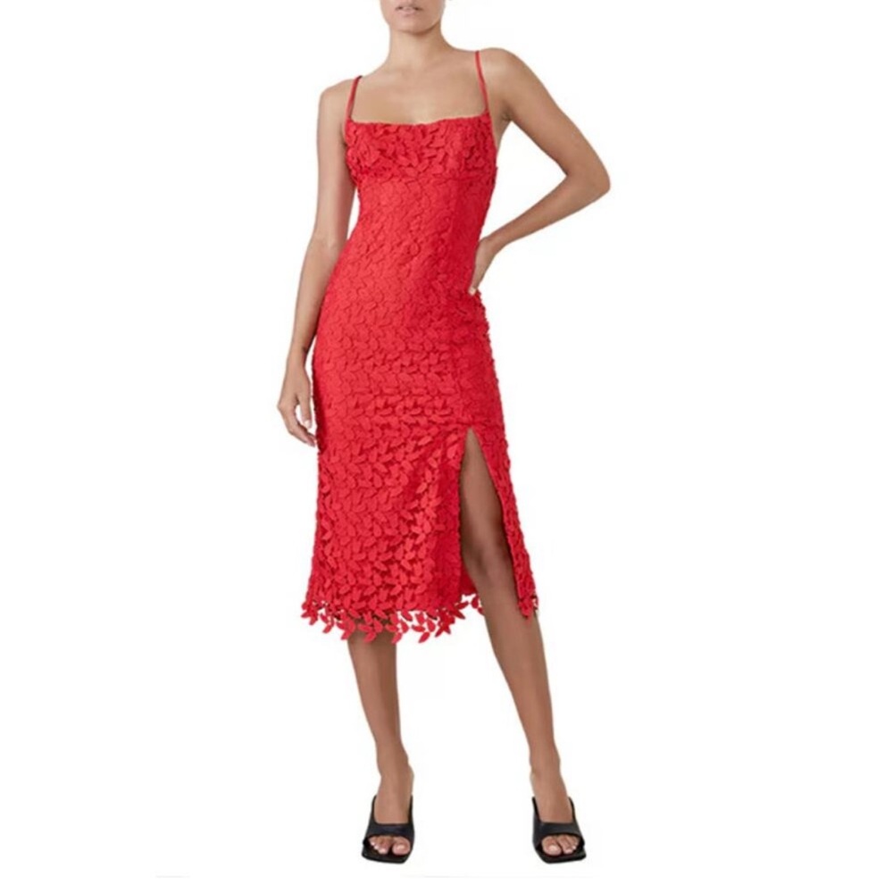 Bardot Red Floral Lace Midi Dress